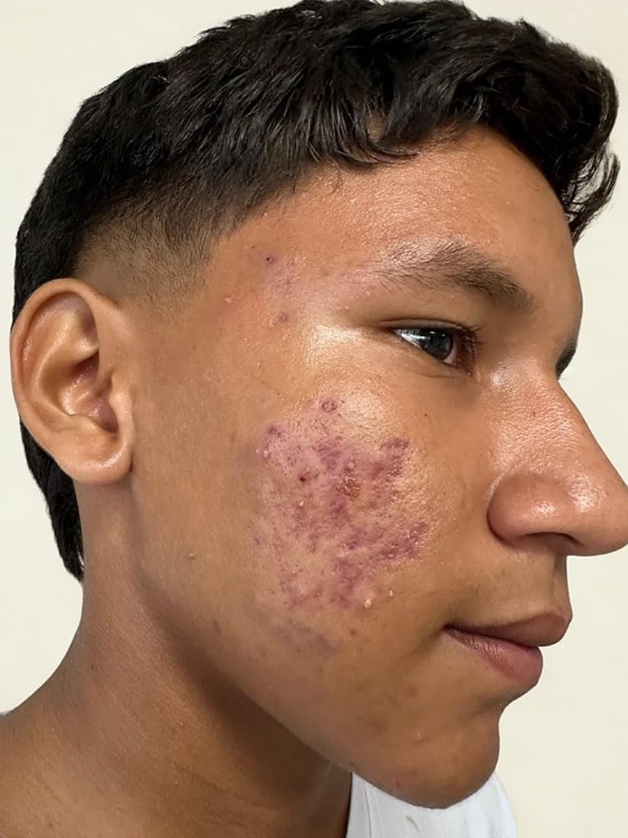 Antes: joven con acné inflamado en la mejilla
