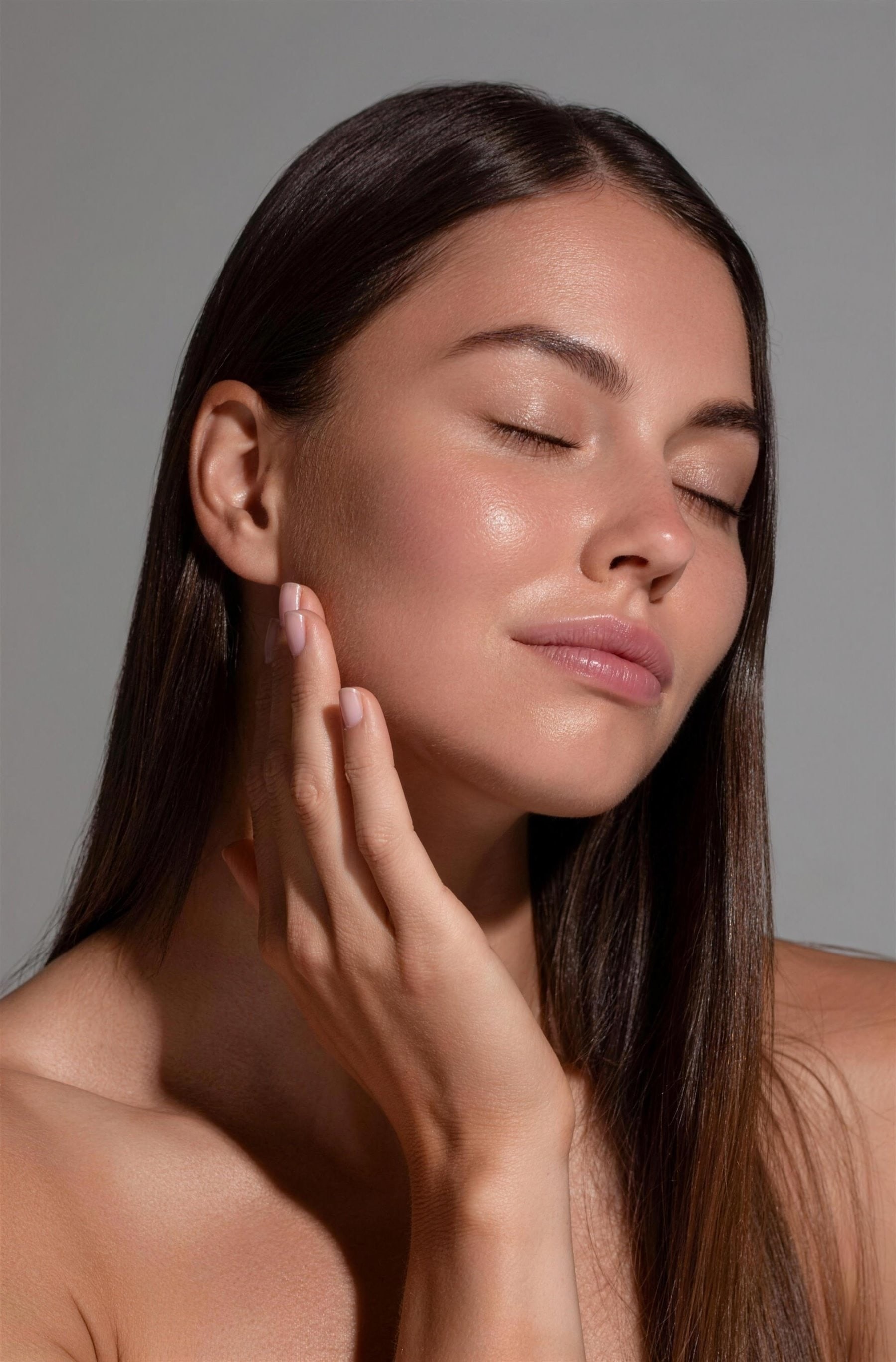 Mujer con los ojos cerrados y la mano sobre la mejilla, con la piel luminosa