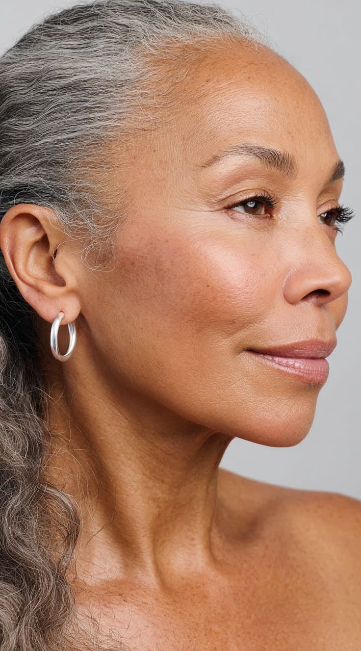 Mujer madura con canas y la piel cuidada